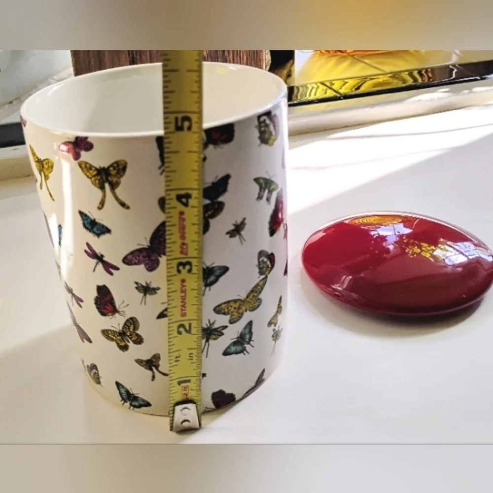 L'or de Seraphine Butterfly Print Ceramic Trinket/Candy Dish Jar with Red Lid